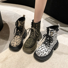复古机车豹纹时装靴2025秋冬英伦风前细带瘦瘦切尔西短靴欧美风女