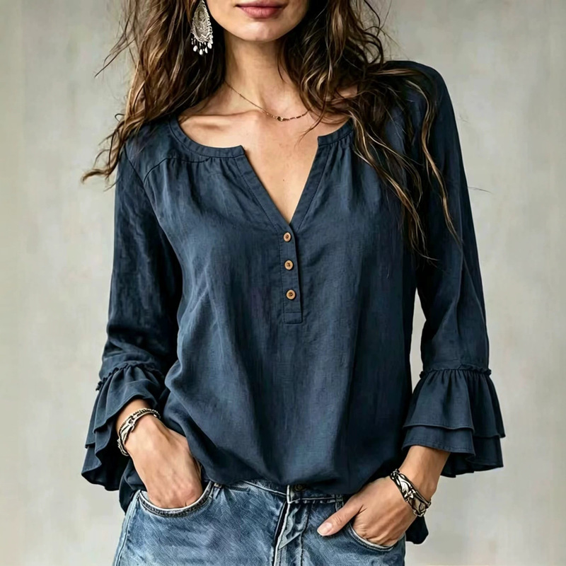 Cross-border European and American linen shirt, casual loose fit, V-neck, buttoned, ruffled, mid-sleeve, relaxed style blouse