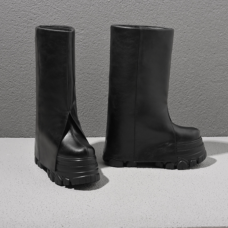 Boot nữ cổ cao ôm bắp chân đế dày gót 12 cm phong cách Anh quốc — Đen nhung chi tiết 11