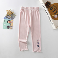 2024 New Girls' Leggings Summer Vertical Three Hearts Fungus Trim Children's Pants Stretch Thin Summer Pants