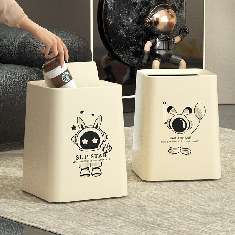 New Model of Trash Can with Swing Lid for Home Use, High Aesthetic Value, Astronaut-Themed Storage Bin, Large Square Plastic Wastebasket for Living Room