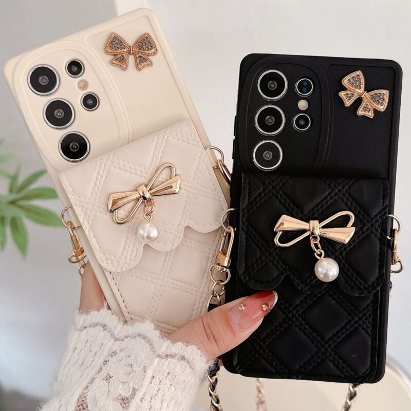 Cross-Border European and American Style Rhombus Card Holder Case Suitable for Samsung S26 Ultra Phone Case A53 5g Pearl Butterfly Note20 Cover