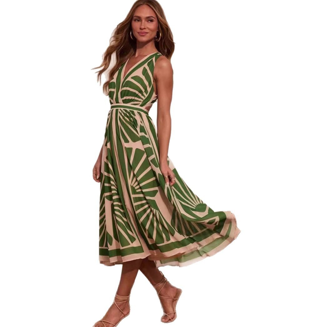 2025 Cross-Border Foreign Trade European And American Women's Clothing V-Neck Sleevel Bohemian Printed Long_ecoleips.com