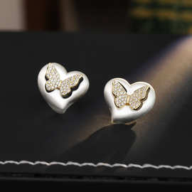 冷风职场通勤大气金银双色蝴蝶爱心拉丝银色耳钉简约耳环轻奢耳饰