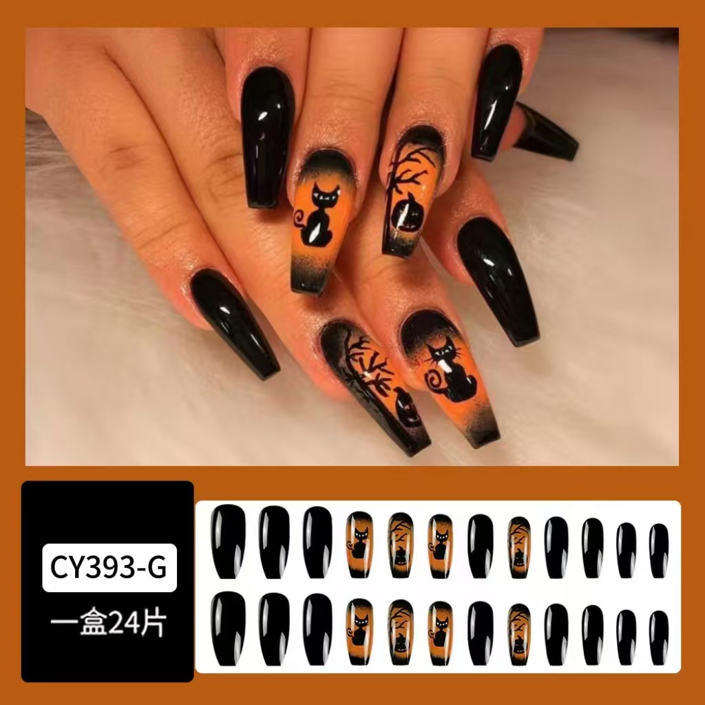 Oscuro sombrío gato Calabaza desgaste de uñas pieza de manicura de Halloween extraño falso uñas parche extraíble uñas