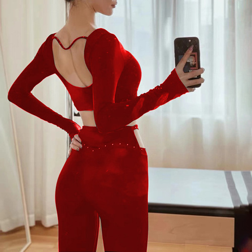 Women's European and American Cross-border International Trade Sports Fitness Long Sleeve Set Including Chest Pad Punk Style High Elastic Quick Dry Yoga Two-Piece Set