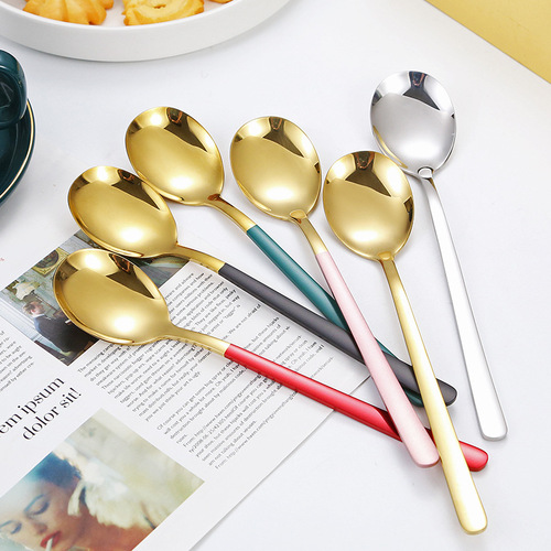 304 stainless steel spoon Korean thickened dessert spoon coffee spoon long handle stirring spoon household eating spoon