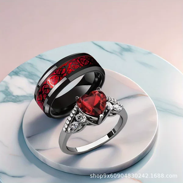 Cross-Border Supply of New Japanese and Korean Ruby Heart Rings for Women, Popular Stainless Steel Rings for Men in Europe and America, Christmas Jewelry Gifts