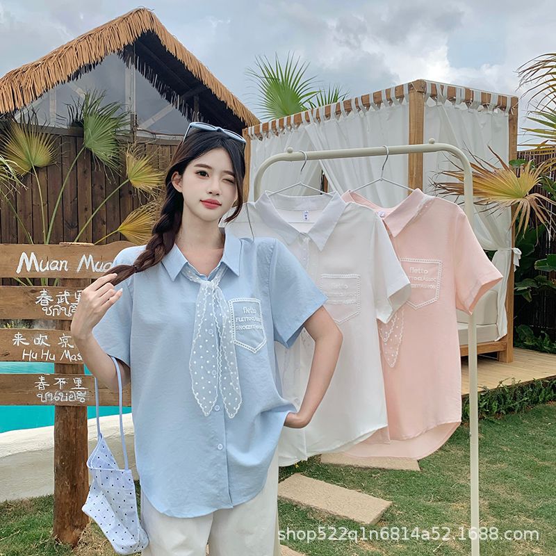 Cross-Border Lace Tie Shirt for Women, New Spring and Summer Short-Sleeve Fresh Design Cardigan Top Wholesale Cross-Border Lace Tie Shirt for Women, New Spring and Summer Short-Sleeve Fresh Design Cardigan Top Wholesale