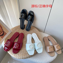 G家漆皮亮面金属扣字母拖鞋2025夏款时装方头一字凉拖女欧美客户
