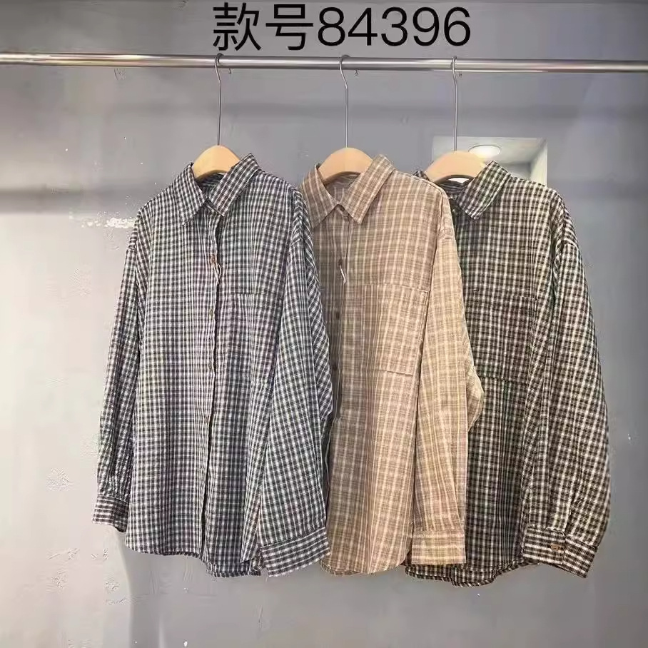 (2개) 느슨한 격자 무늬 긴팔 셔츠 가을 유행 우아한 옷깃 여성을위한 싱글 브레스트 캐주얼 탑