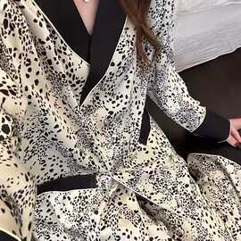 法式高级感豹纹冰丝睡衣女2026春秋季新款爆款长袖长裤家居服套装