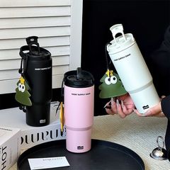 ステンレス製ウォーターカップ、大容量ダブルドリンクアイスカップ、女の子用シンプルストローカップ、高見えセラミックライナー魔法瓶カップ