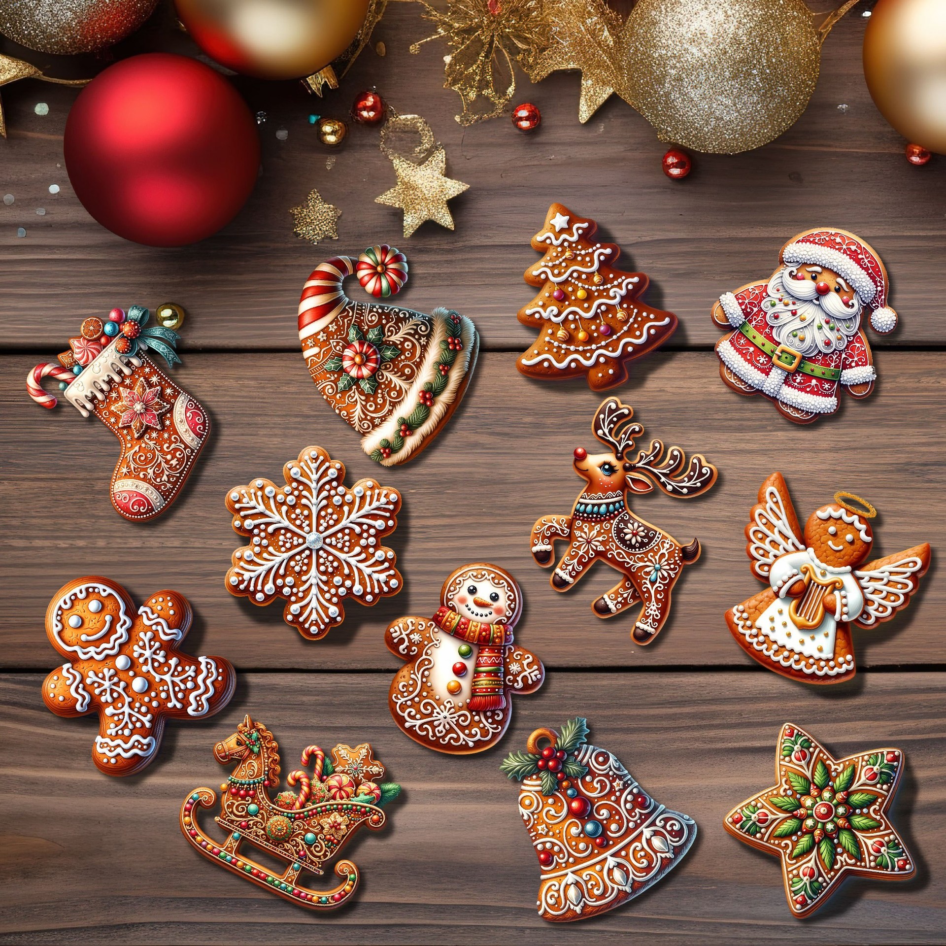 12 piezas de madera hecha a mano Navidad Colgante Set Gingerbread Man con patrón de Santa Claus adecuado para la decoración de regalos navideños