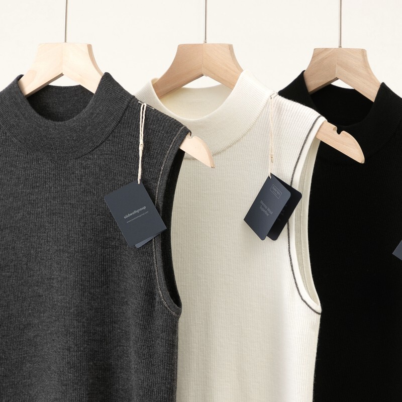 Simple Commuter Yangzi Yarn 100% Fine Wool Half-Turtleneck Knitted Vest for Women, Slim Fit, Sleeveless, Base Layer Simple Commuter Yangzi Yarn 100% Fine Wool Half-Turtleneck Knitted Vest for Women, Slim Fit, Sleeveless, Base Layer