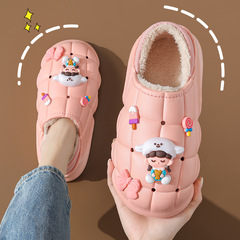 冬季情侶棉拖鞋女居家防滑保暖加絨卡通厚底防水踩屎感月子棉拖鞋
