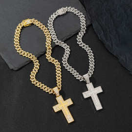 欧美嘻哈满钻十字架合金项链吊坠男士个性古巴链镀金麻花链饰品