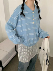 韩系条纹polo领毛衣女2025秋季新款宽松慵懒风针织衫翻领外穿上衣
