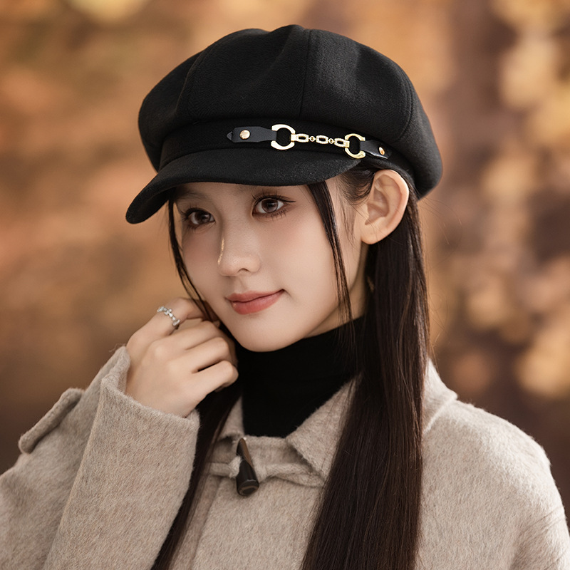 新款显脸小平顶鸭舌帽英伦风秋冬女士鸭舌帽八角帽女贝雷报童帽子|undefined
