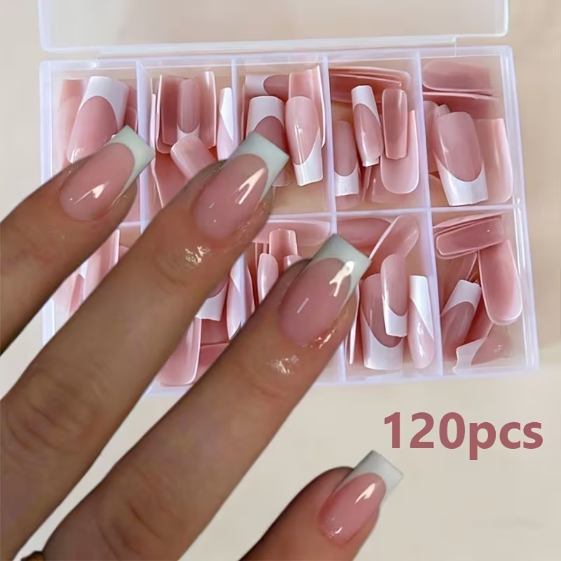 120 Pieces of Simple and High-End White French-Style Nail Tips with Pink and White Contrasting Colors, Cross-Border Wearable Nail Tips in a Box for Manicure