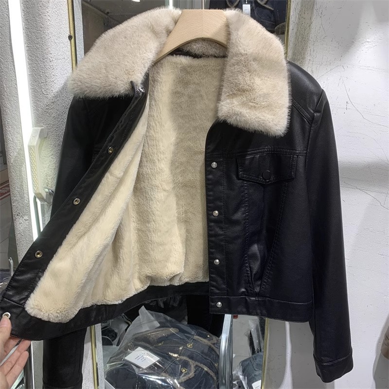 Women's Clothing Plush Leather Jacket, Women's Fur Collar Short Jacket, Pu Leather Motorcycle Suit_voghion.com