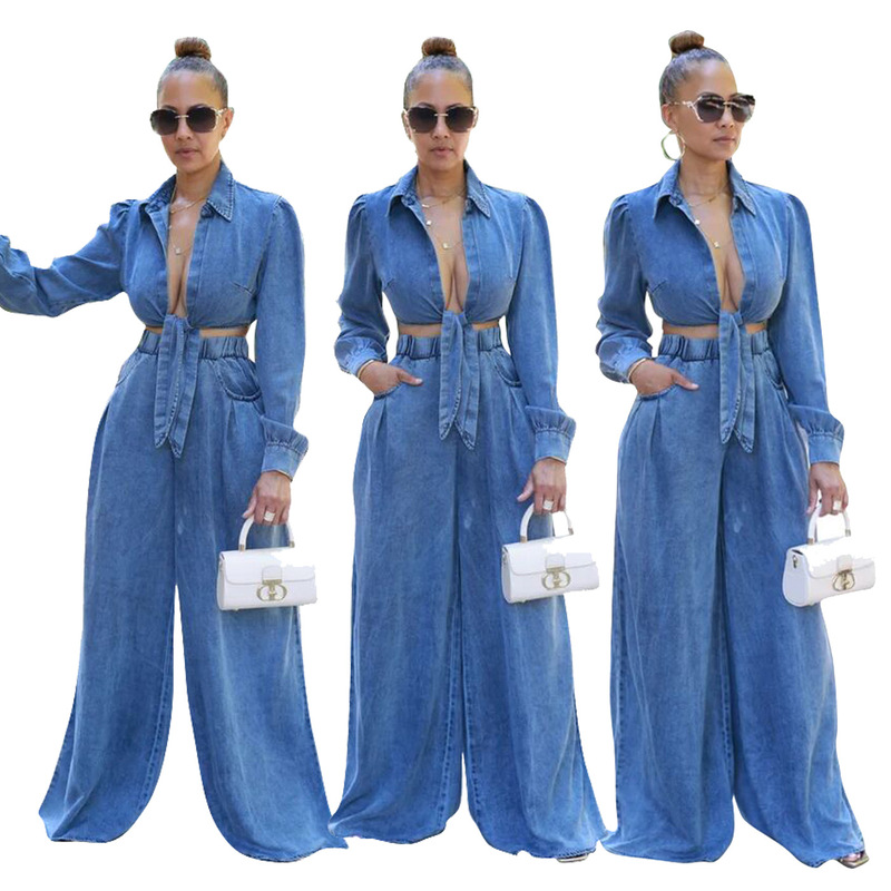 TS1314 cross-border supply Europe and the United States new women's casual wide leg pants Denim suit
