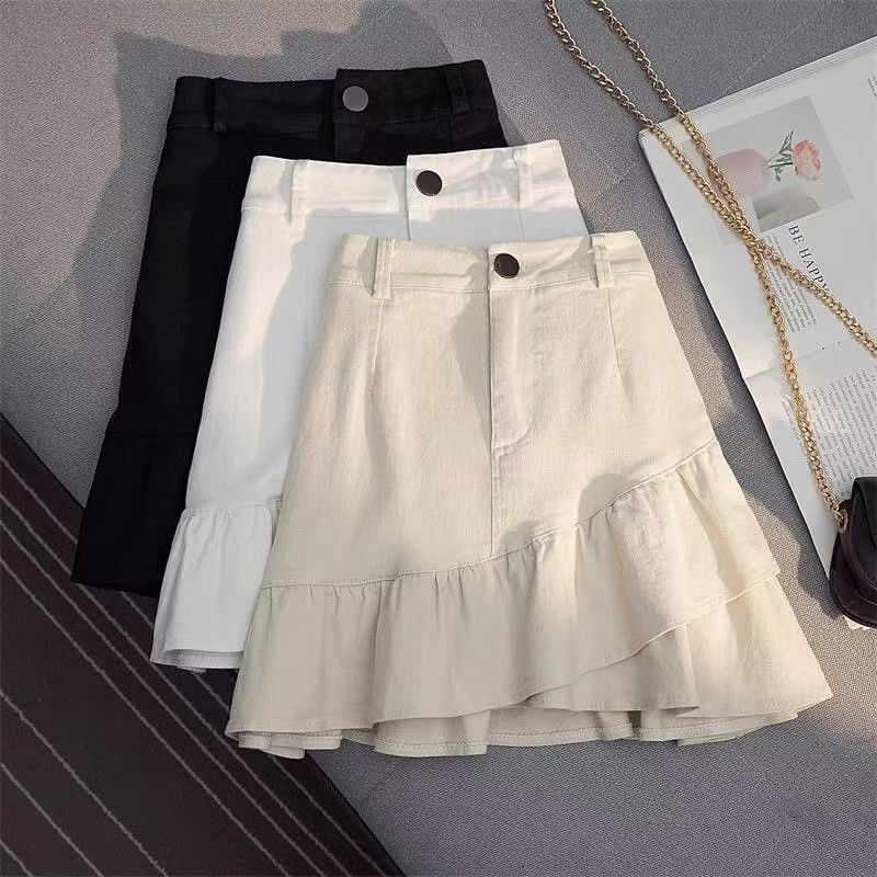 Irregular Ruffled Skirt 2025 New Autum High-Waisted A-Line Hip-Covering Slim Black Denim Skirt