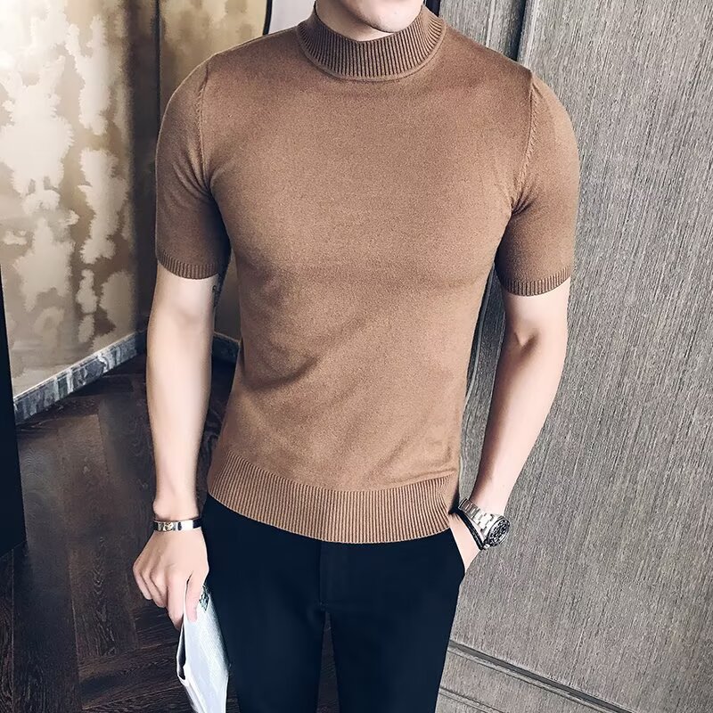 하이 엔드 스트레치 남성용 반팔 티셔츠 2025 남성용 신작 여름 얇은 하프 터틀넥 니트 이너 레이어링 셔츠