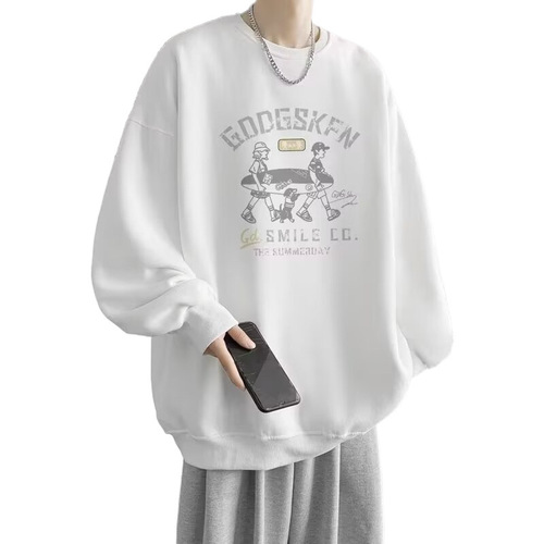 2024 American Retro Round Neck Sweatshirt Student Trend Brand Sweatshirt Casual No Hat Fleece Sweatshirt Jacket for Men Trend
