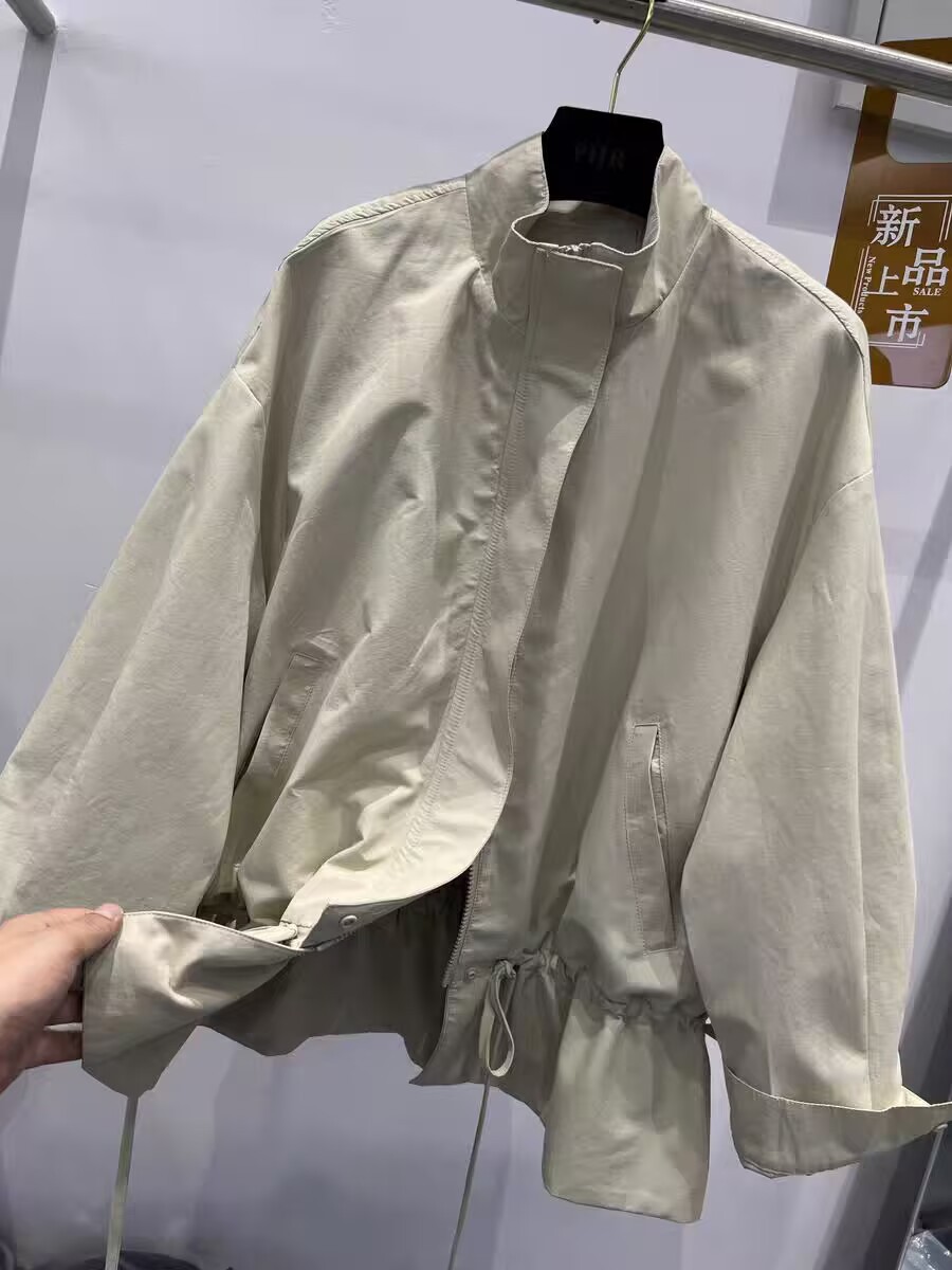 ng2510292 European Style 2026 Spring New Stand Collar Zipper Drawstring Fashionable Loose Casual Mid-Length Trench Coat Women's_ecoleips.com