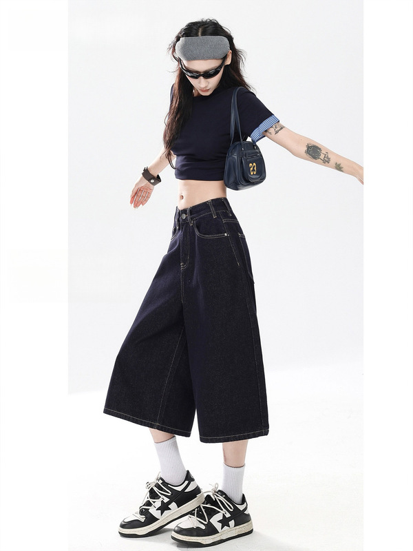 Dark Blue Wide-Leg Denim Shorts for Women, Summer Thin Style, Loose and Casual, Seven-Eighths Length Dark Blue Wide-Leg Denim Shorts for Women, Summer Thin Style, Loose and Casual, Seven-Eighths Length