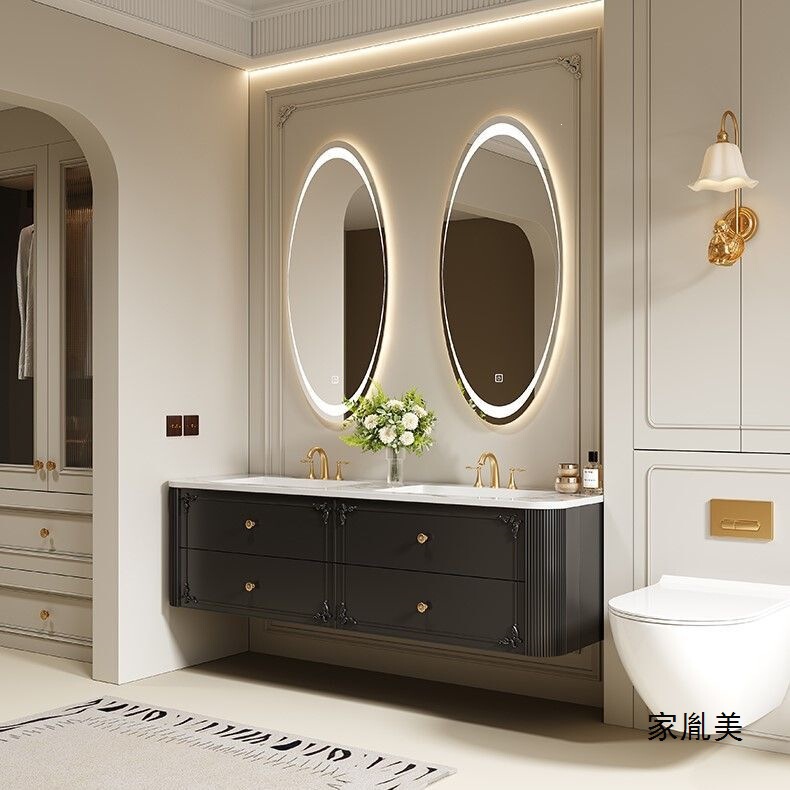 Luxury smart bathroom cabinet with seamless rock slab sink, modern washbasin, bathroom washbasin combination in oak Luxury smart bathroom cabinet with seamless rock slab sink, modern washbasin, bathroom washbasin combination in oak