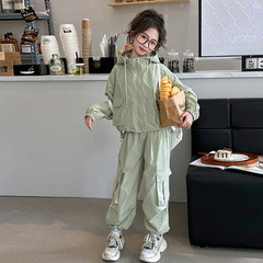 女童工裝褲套裝春秋2024新款兒童洋氣時髦春款時尚外套女大童春裝