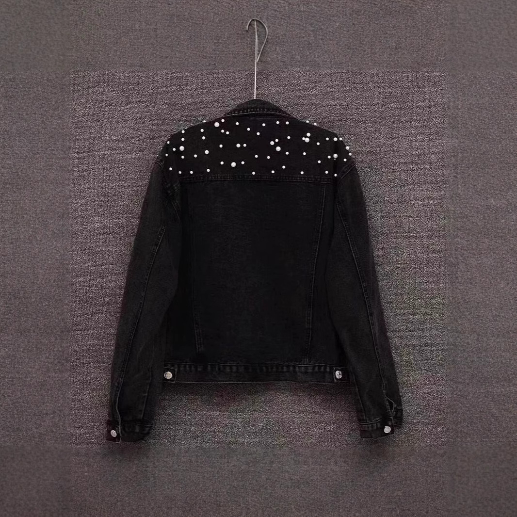 Women's Denim Jacket With Pearl Embellishments, Short Length, Plus Size, Stylish And Comfortable For Casual Wear - Black, White, Sky Blue_voghion.com