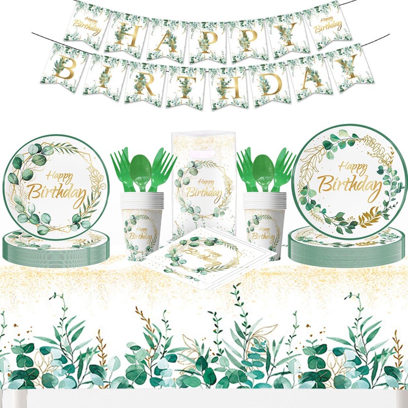 Eucalyptus Leaf Theme Party Supplies Paper Plate Set Disposable Paper Plate Paper Cup Fresh Green Party Decoration