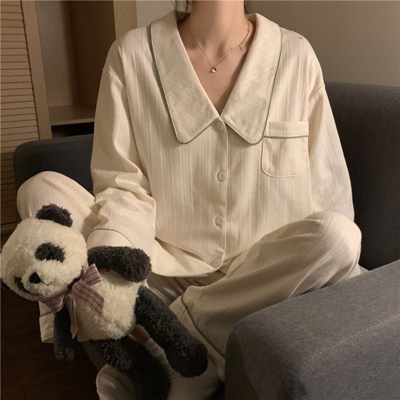 Al por mayor transfronterizo primavera y otoño nuevo pijama cardigans cuello grande pantalones de manga larga jacquard algodón sólido comercio exterior