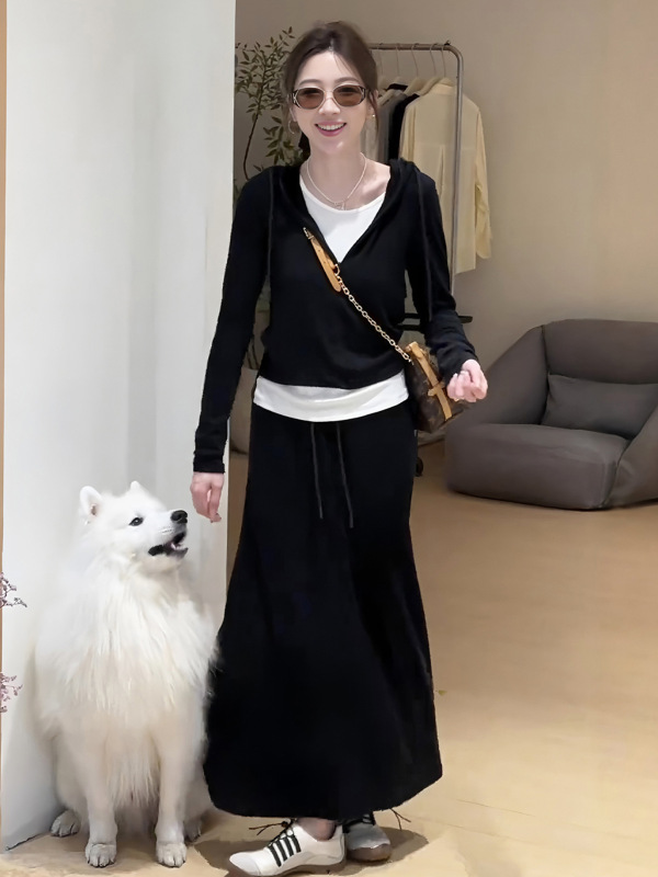 早秋流行穿搭套装女韩系时尚减龄撞色假两件连帽卫衣半身裙两件套|undefined