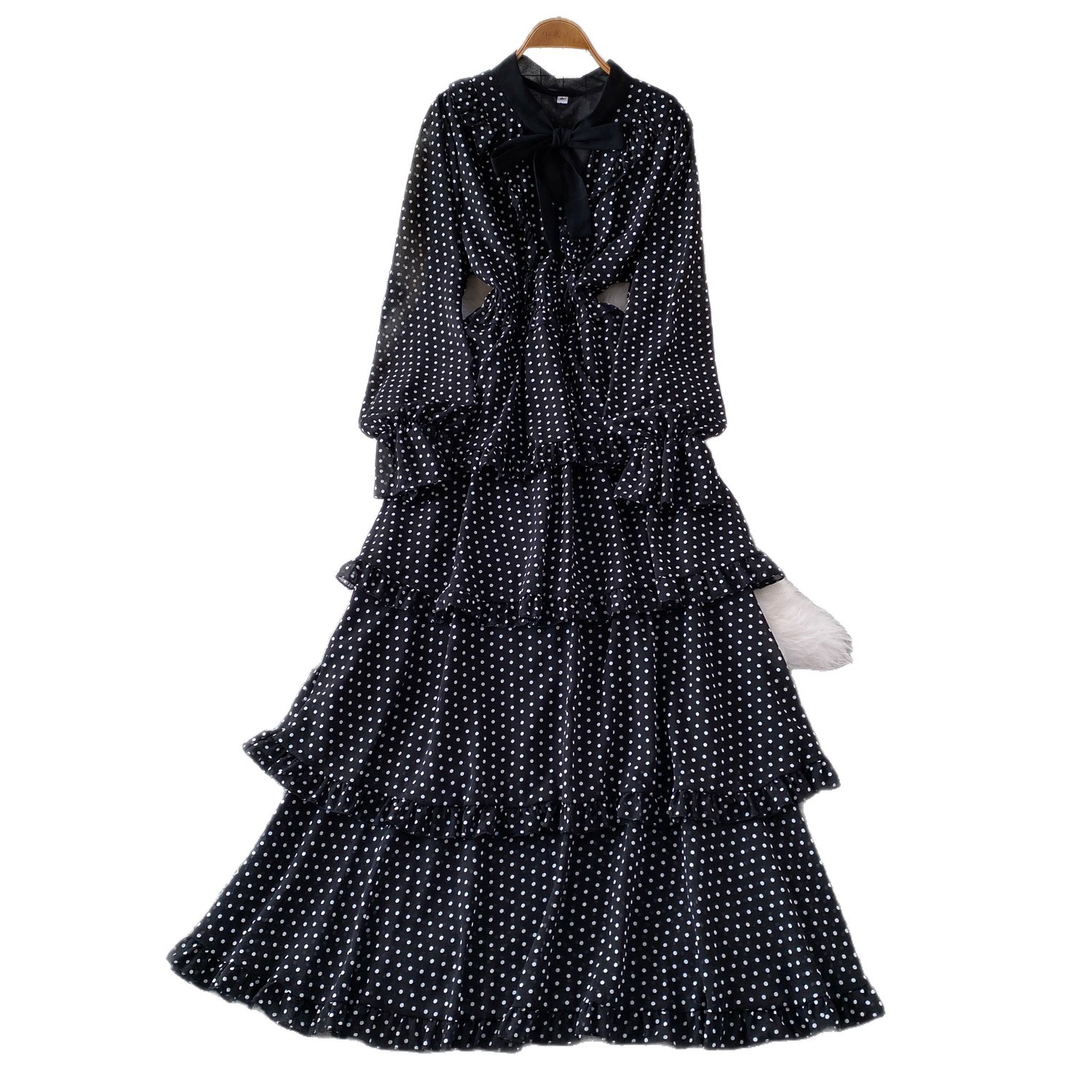 Women's French Sweet Color Block Bow V Neck Long Sleeve Dress Summer Polka Dot Ruffle Hem Elegant Long Skirt_ecoleips.com