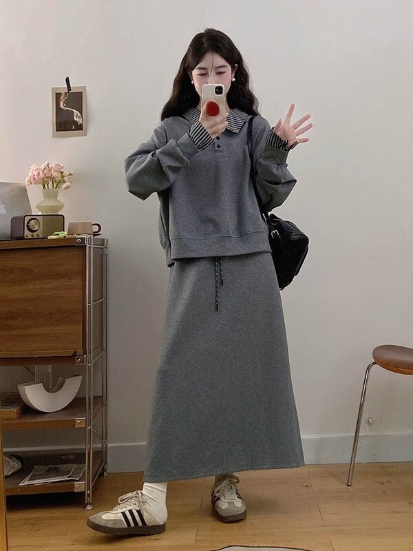 假两件卫衣连衣裙子女早秋季2025新款韩系流行穿搭一整套长裙套装|undefined