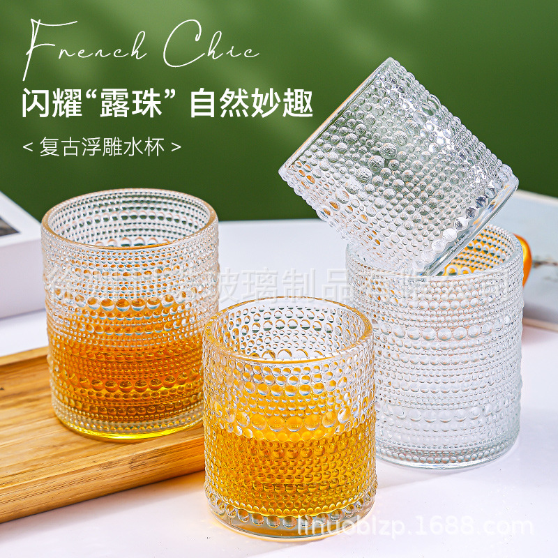 Taza de agua de vidrio con patrón de perlas de estilo nórdico Taza de vino de whisky de personalidad creativa Taza de vidrio de lujo transparente y ligera