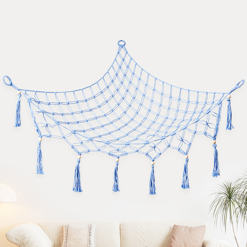 Toy Triangle Net Bag Cross-Border Children's Room Storage Bag Woven Cotton Rope Wooden Beads Tassel Wall Hanging Hammock Corner Net Bag