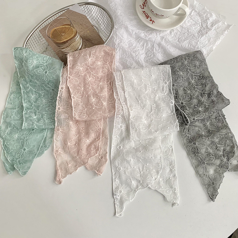 Pañuelo de seda de encaje, tira larga, sentido de alta gama, nueva primavera y verano, dulce cinta bordada, bufanda pequeña multiusos, cinta de bolsa atada