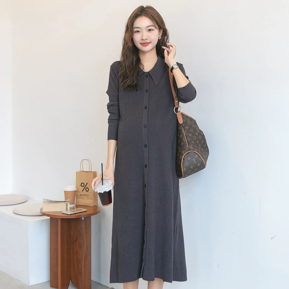 Осенние Новые платья материнства Корейский модные отворотом ямы полосы трикотажные юбки упругой приталенный платье модные платья