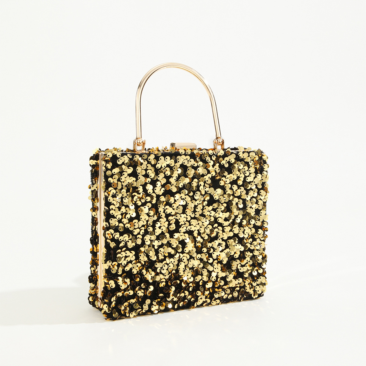 Elegant Style Square Shape Small Size Black Colour Gold Polyester Solid Color Sequins Square Evening Bags