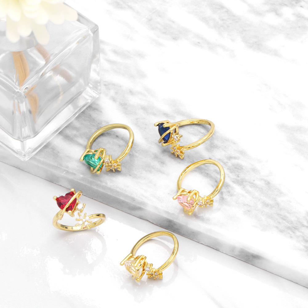fashion inlaid zircon heart-shaped eight-pointed star copper opening ring