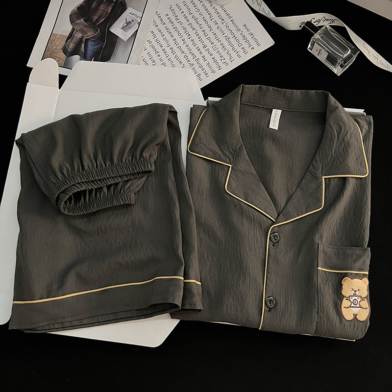 Summer Men's Cloud Cotton Double Short Two-Piece Pajamas Simple Solid Color Embroidered Lapel Cardigan Home Wear Thin Style