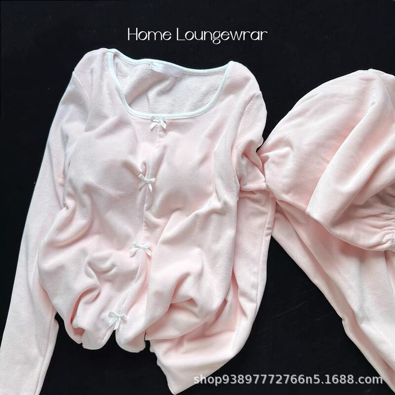 Plus Size 150kg Sweet Bow Lace Trim Women's Pajamas, Warm Island Fleece Autumn Winter Homewear Set Plus Size 150kg Sweet Bow Lace Trim Women's Pajamas, Warm Island Fleece Autumn Winter Homewear Set