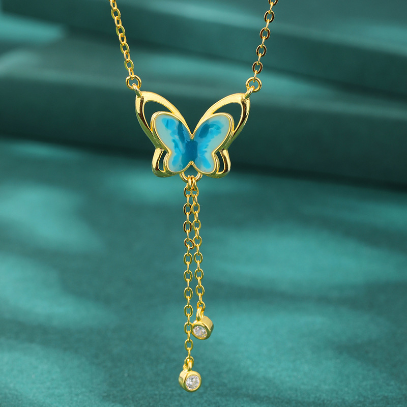 S925 plata de ley con flecos, esmalte, collar de mariposa, diseño de nicho de alto nivel femenino, temperamento de lujo ligero, cadena de clavícula, viento frío