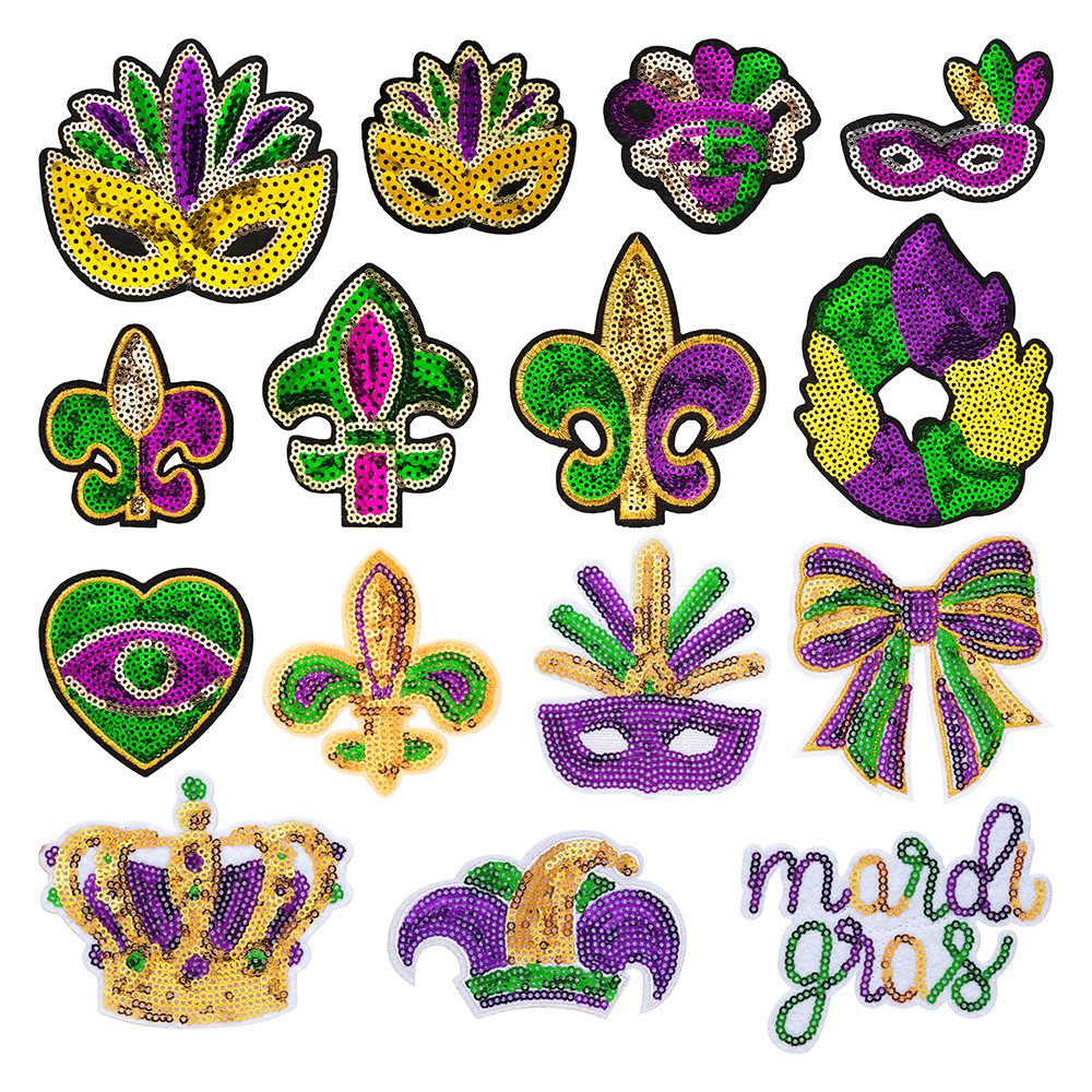 亮片跨境外贸狂欢节面具图腾皇冠图案电脑绣花刺绣布贴服装徽章仔