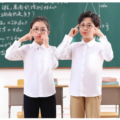 Boys' white long-sleeve autumn children's white school uniform host performance shirt white spring and autumn long-sleeve